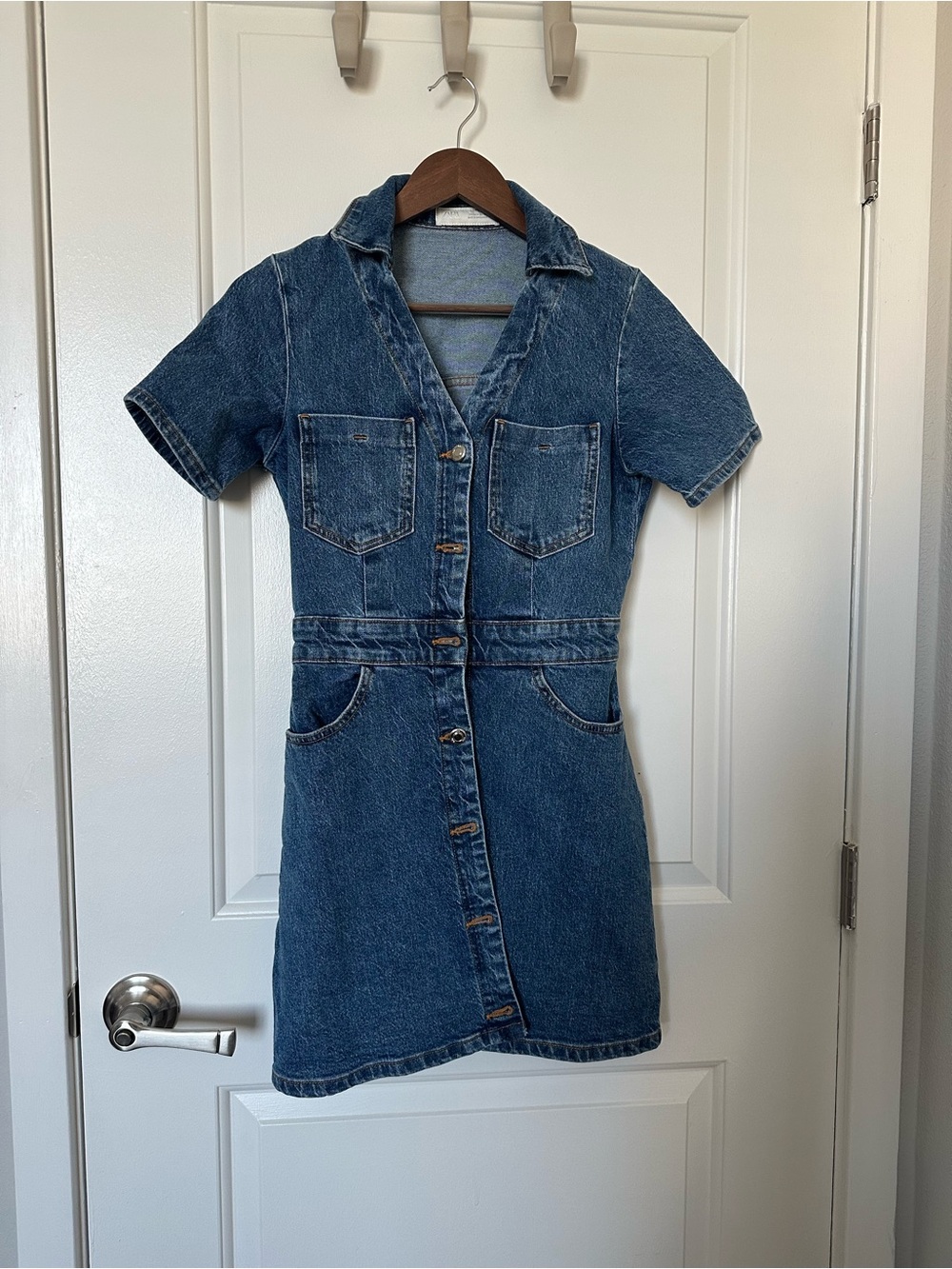 ZARA Denim Button-Front Short Sleeve Dress - Blue